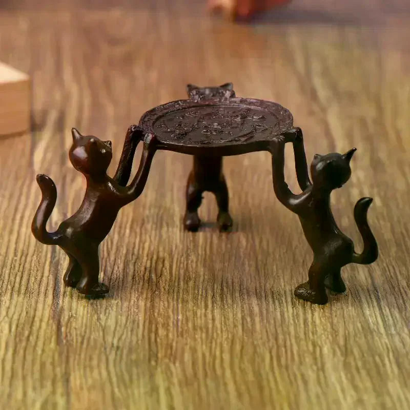 Mini Retro Three-Kitty Bronze Tray – Incense Burner & Candle Holder