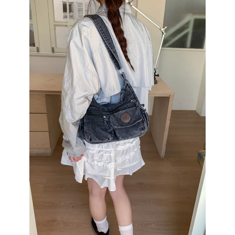 Japanese Washed Denim Multi-Pocket Women's Shoulder Bag Denim Shoulder Bag Nixie