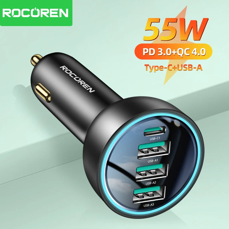 Rocoren 55W 4-Port USB-C Car Charger | QC3.0 Fast Charging Car Charger Nixie