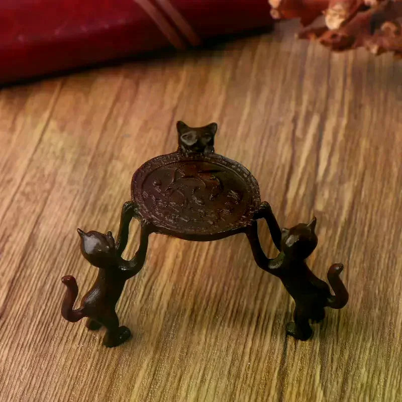 Mini Retro Three-Kitty Bronze Tray – Incense Burner & Candle Holder