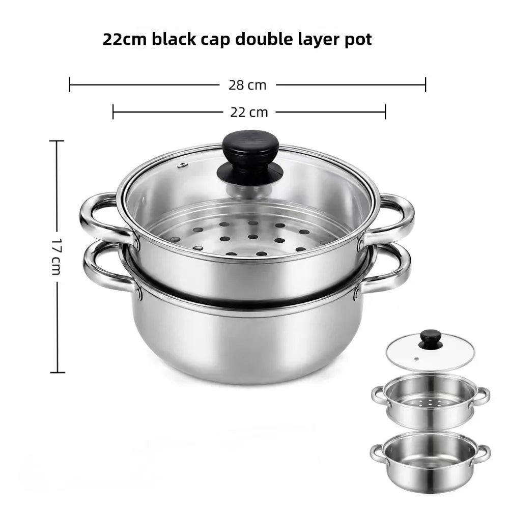 3-Piece Stainless Steel Steamer Pot Set with Glass Lid & Induction