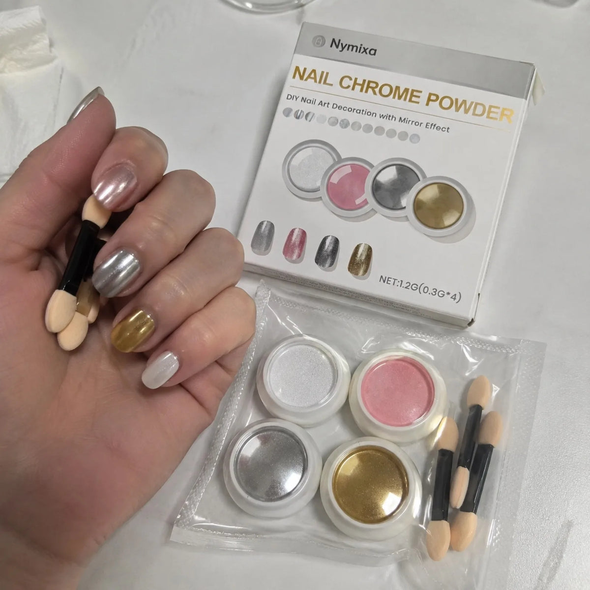 4-Color Mirror Chrome Nail Powder Set with Brushes | DIY Manicure Chrome Nail Powder Set Nixie