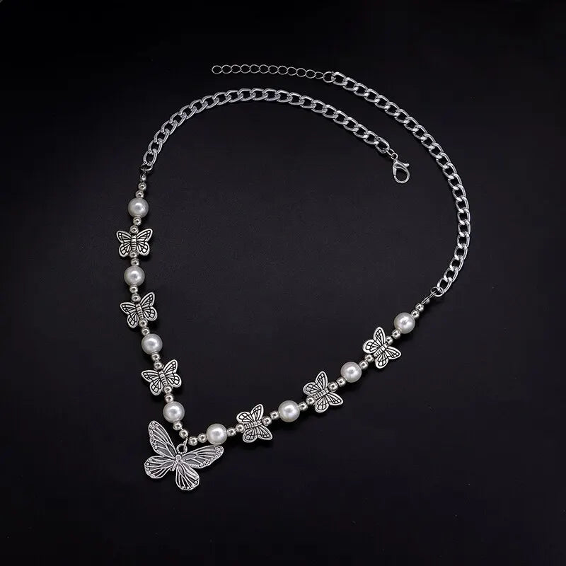 2PC Antique Silver Butterfly Faux Pearl Choker Necklace Set Choker Necklace Set Nixie