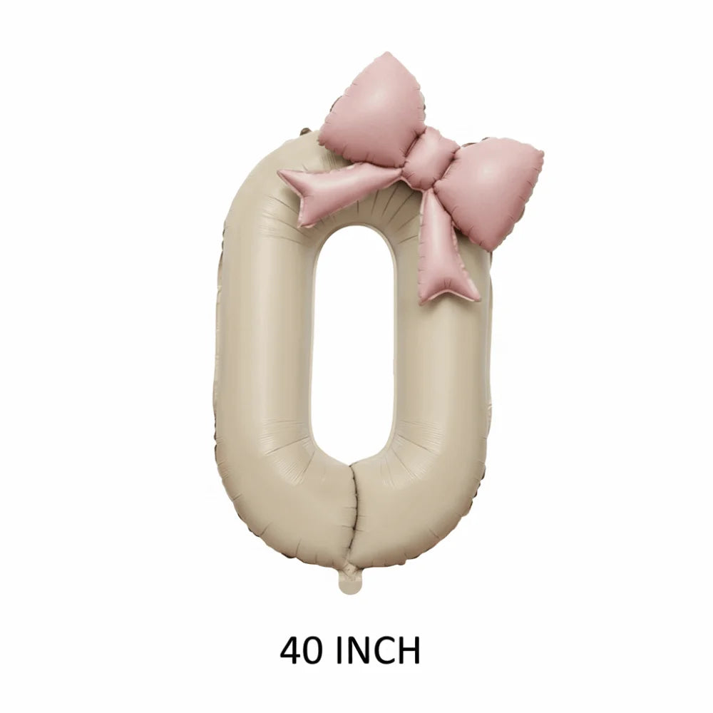 40" Cream White Number Foil Balloon with Pink Bow | Party Decor