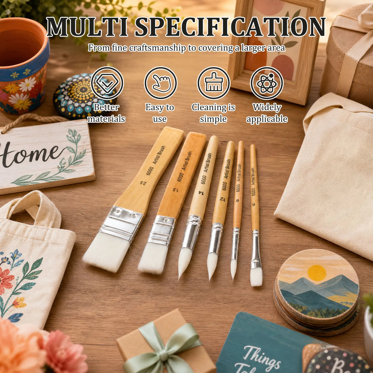 6-Piece Nylon Stencil & Watercolor Paint Brush Set, Wood Handle Paint Brush Set Nixie