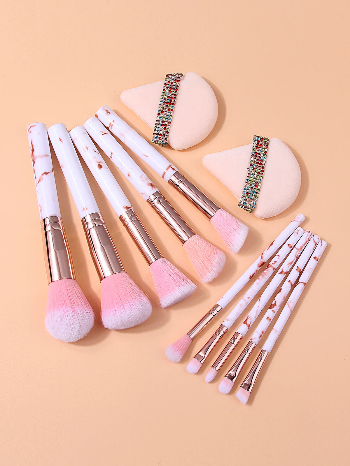 12-Piece Marble Makeup Brush Set with Rhinestone Puffs | Nixie Makeup Brush Set Nixie