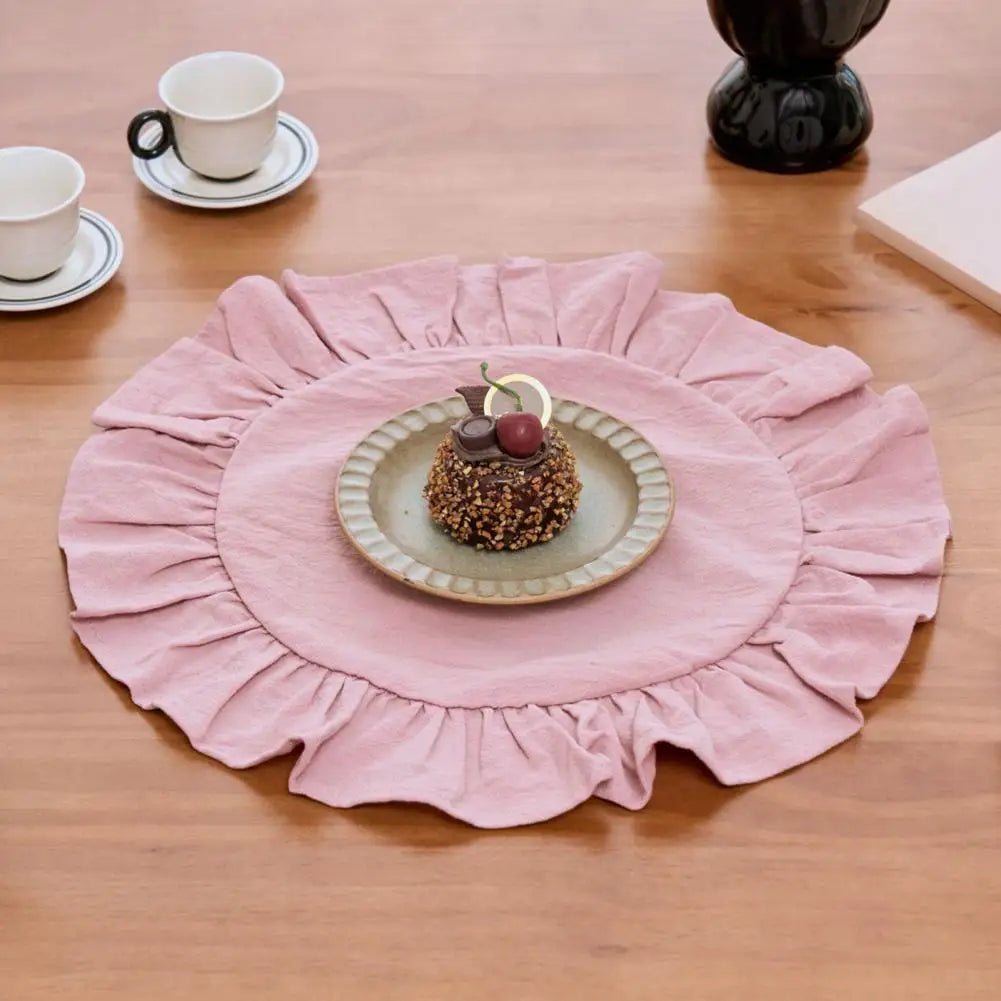 Rustic Round Placemat Ruffled Trim Washed Cotton Table Mat 15"