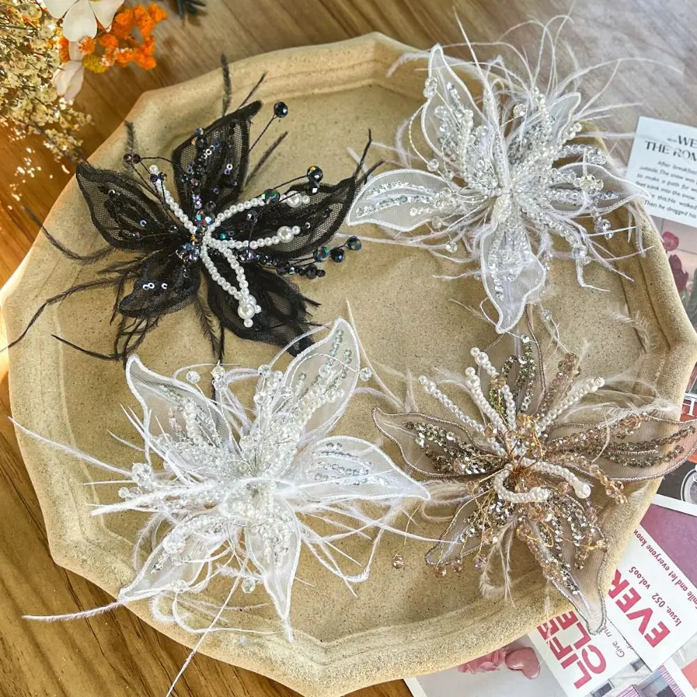 3D Organza Flower Patch – Pearl Crystal Feather DIY Embroidery Embroidery Patch Nixie