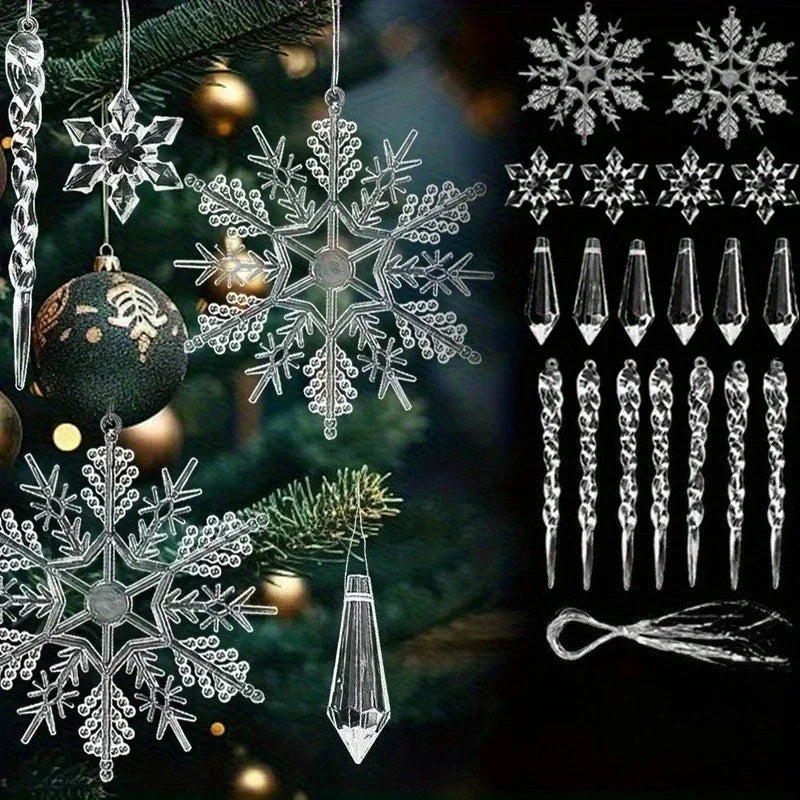 12/24Pcs Crystal Snowflake Acrylic Christmas Tree Ornaments Christmas Ornaments Nixie