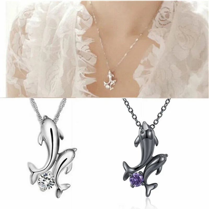 Double Dolphin Rhinestone Pendant Necklace – Silver Black Gold Pendant Necklace Nixie