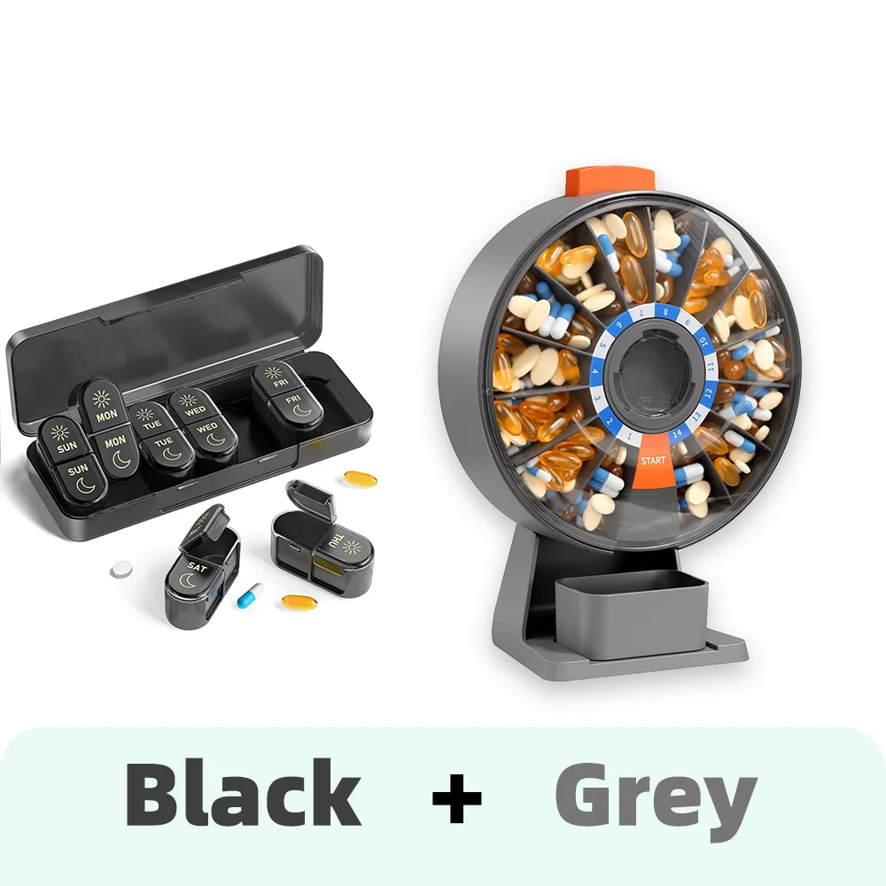 14-Day & 7-Day Pill Organizer Set – Home & Travel Case Pill Organizer Set Nixie Black-Grey