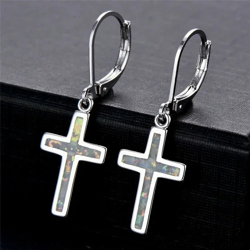 Blue Simulated Opal Cross Dangle Earrings | Silver-Plated Dangle Earrings Nixie