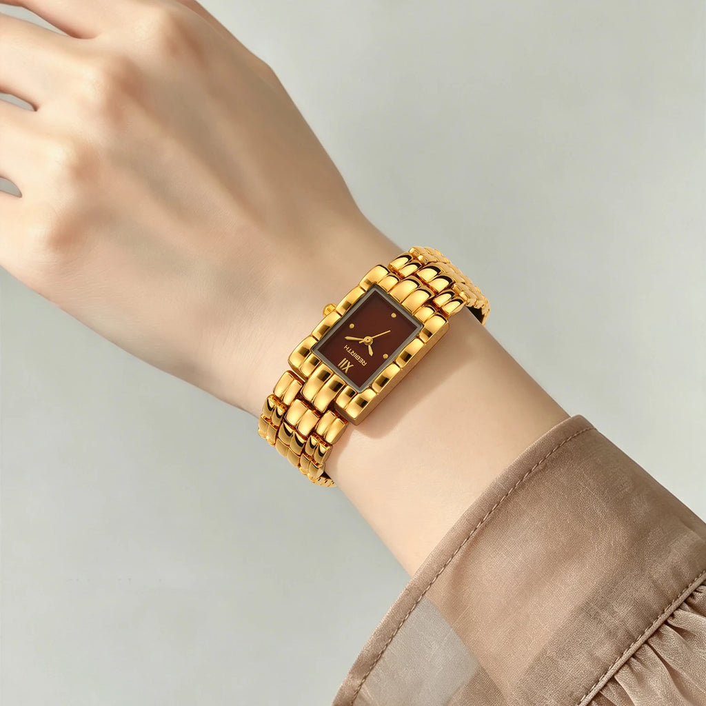 REBIRTH Vintage Square Women's Quartz Watch | Gold Chain Strap Women's Quartz Watch Nixie