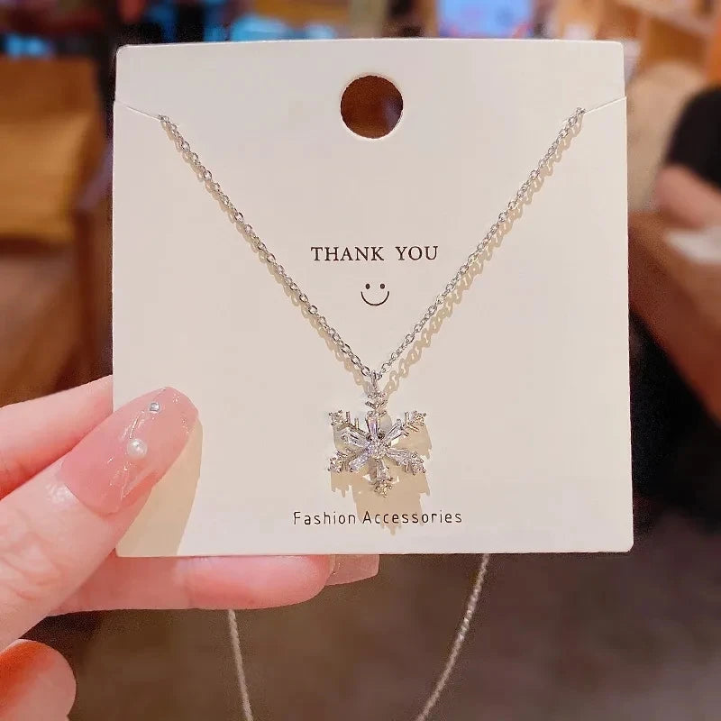Rotating Snowflake Pendant Necklace | Zircon & Stainless Steel