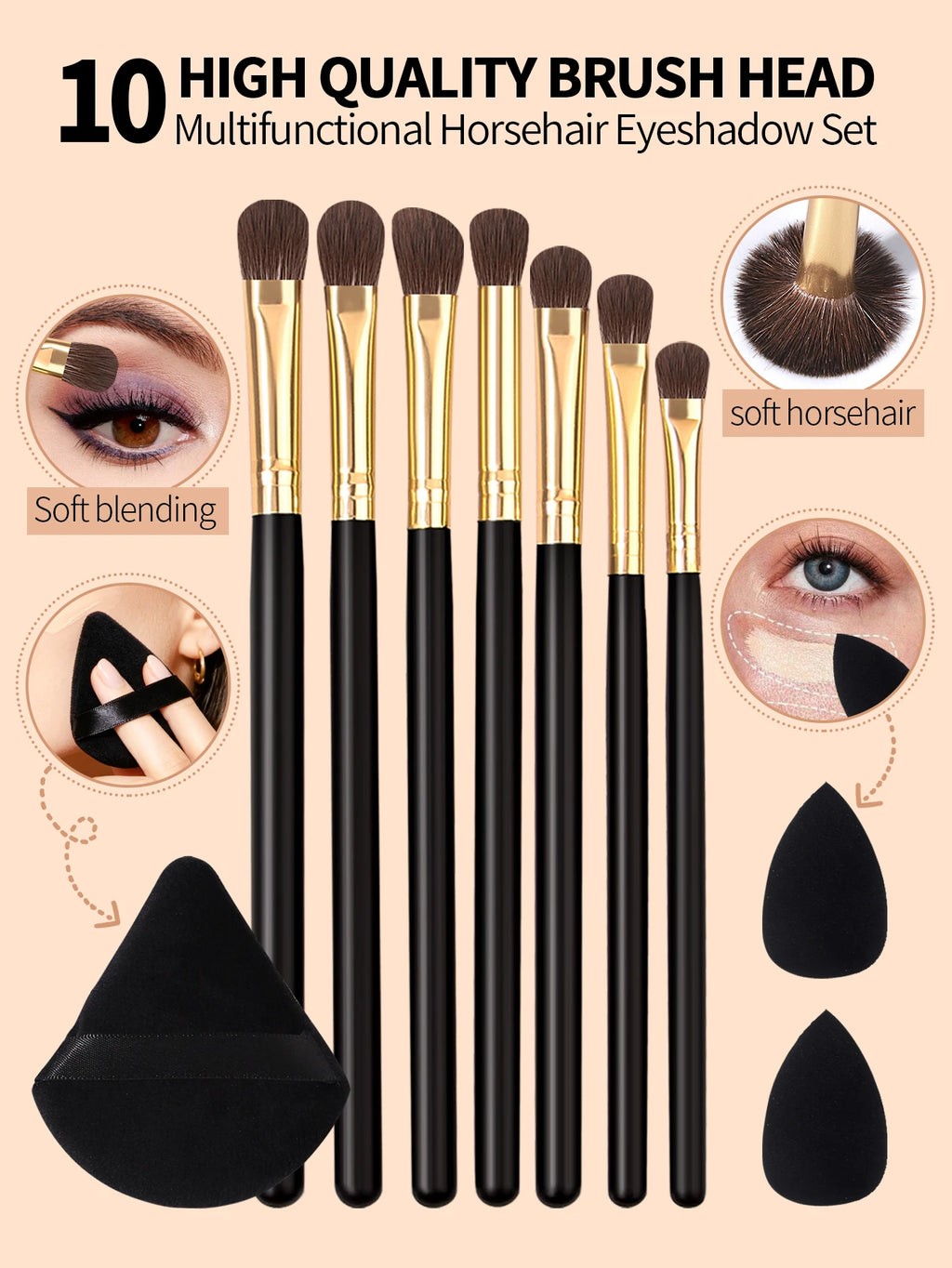 10Pcs Horsehair Eyeshadow Makeup Brush Set & Beauty Sponge Eye Makeup Brush Set Nixie
