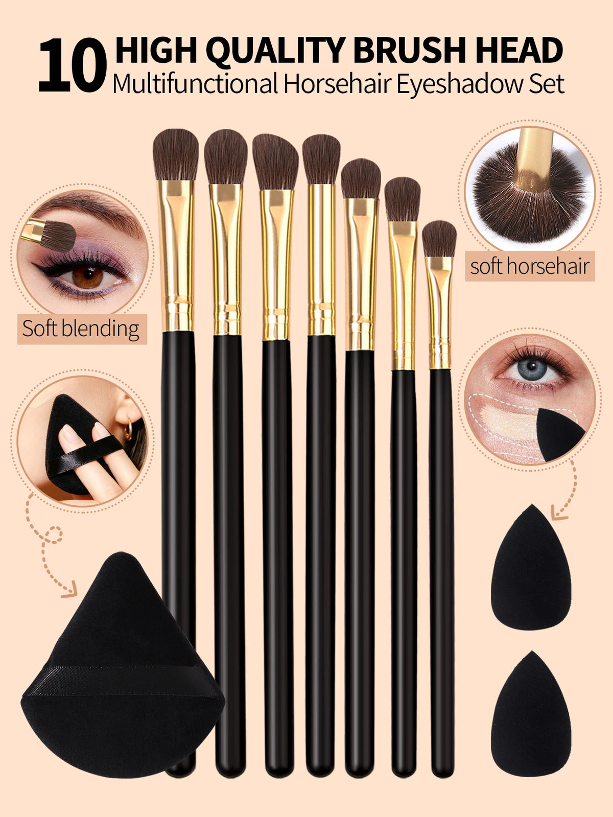 10Pcs Horsehair Eyeshadow Makeup Brush Set & Beauty Sponge Eye Makeup Brush Set Nixie