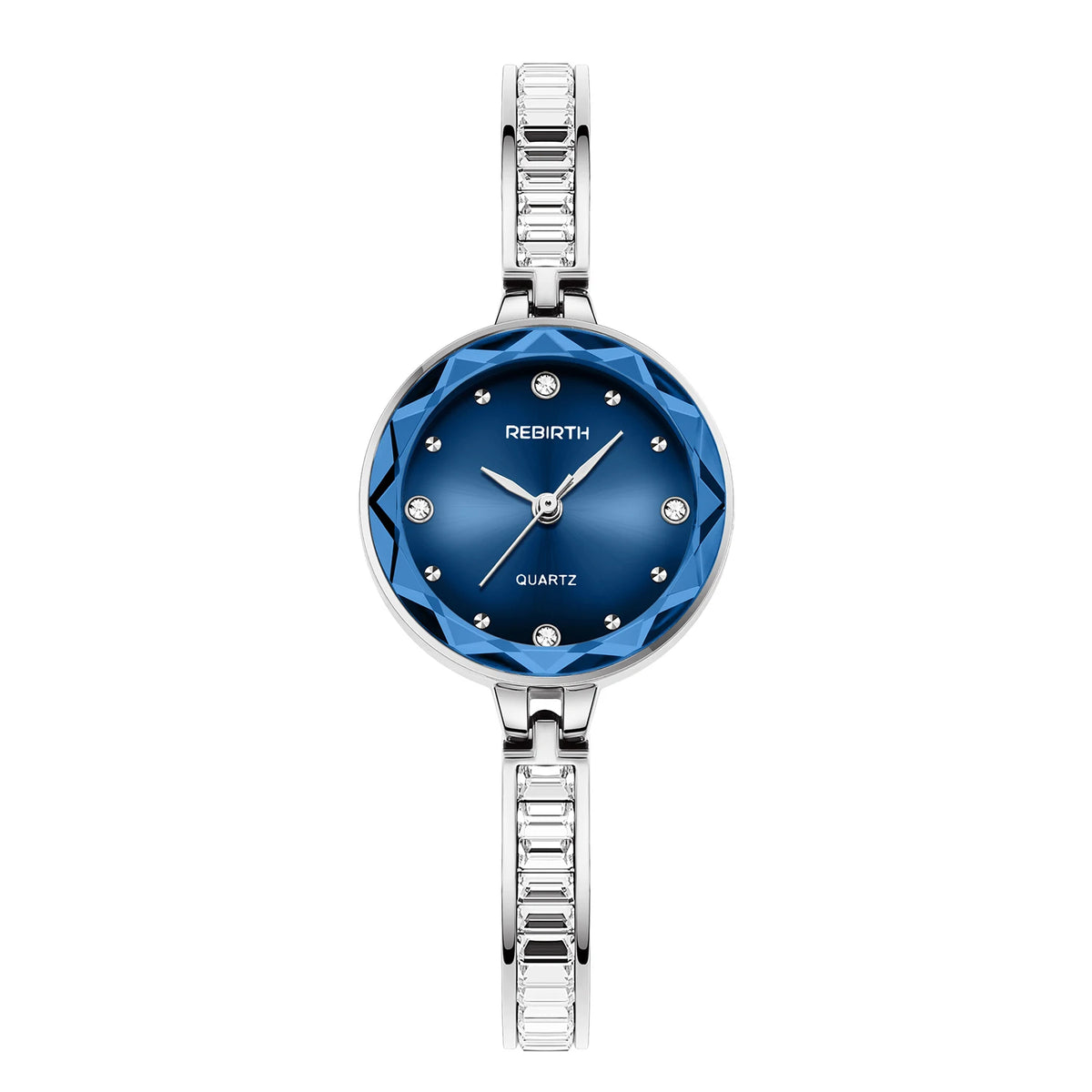 REBIRTH Women's Blue Dial Diamond Quartz Watch | Steel Band Women's Quartz Watch Nixie Silver