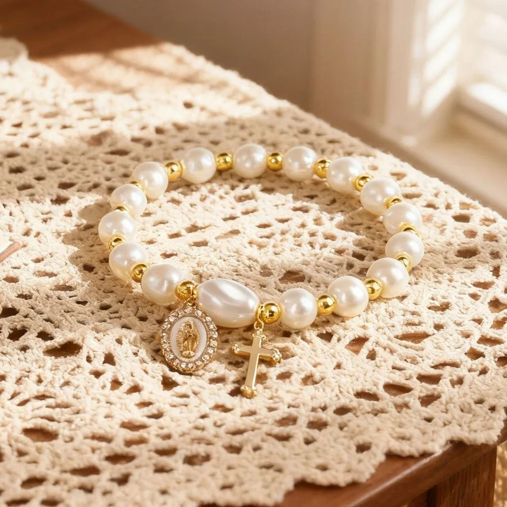 Blue & White Porcelain Ceramic Pearl Bracelet – Vintage Elastic Beaded Bracelet Nixie