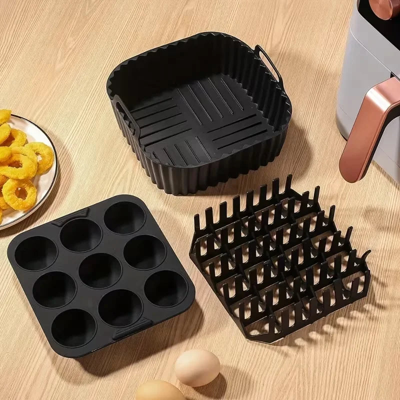 3-Piece Air Fryer Silicone Set – Liner, Bacon Rack & Muffin Tray Air Fryer Accessories Nixie