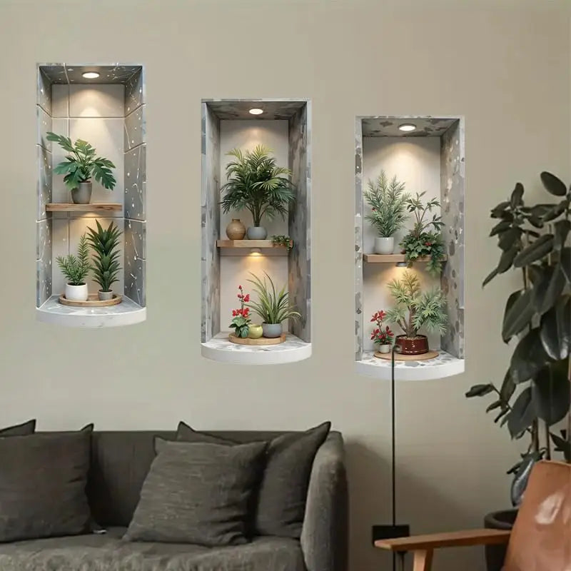 2D Faux Recessed Niche Wall Decals – Plant Marble Effect, 3pc Wall Decal Sticker Nixie
