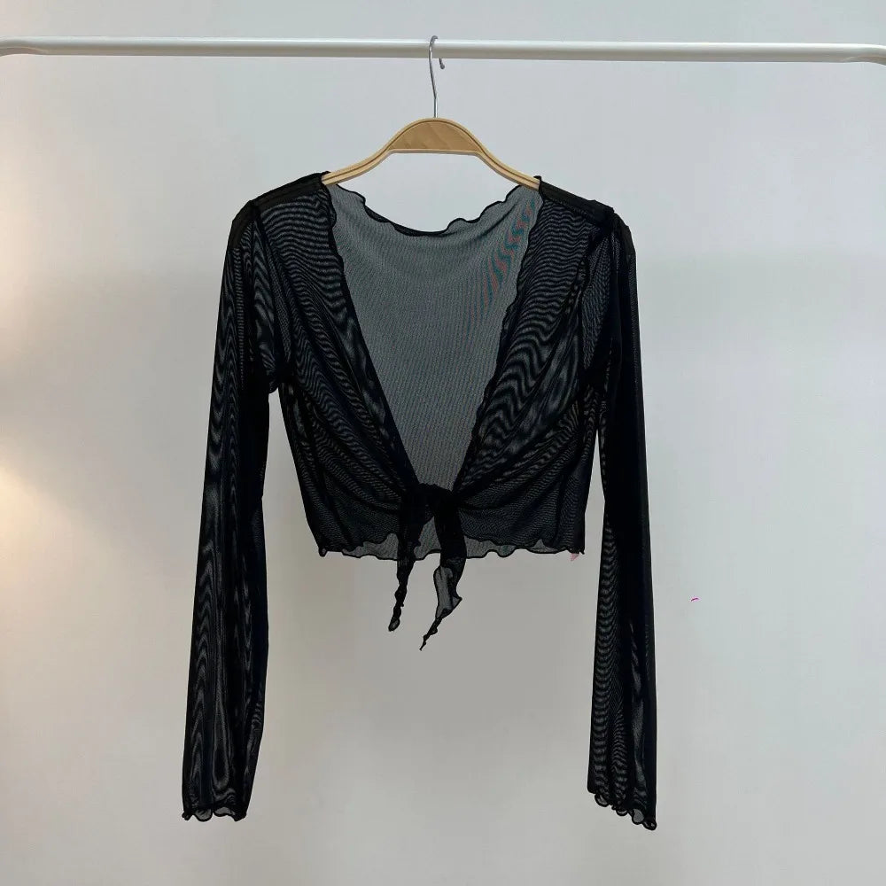 Harajuku Mesh Crop Cardigan Ruffled Sun-Proof Summer Jacket Mesh Crop Cardigan Nixie Black One Size