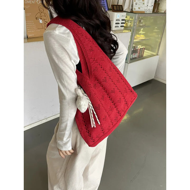 Bohemian Hollow Woven Tote Bag – Knitted Yarn Shoulder Bag Woven Shoulder Tote Nixie