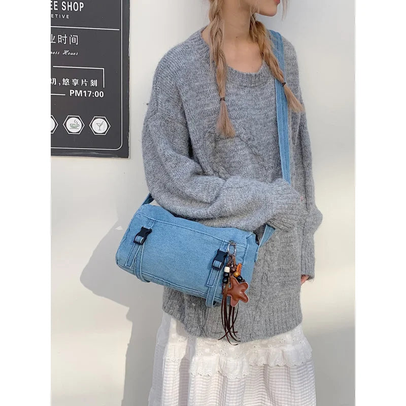 Washed Denim Canvas Cylinder Crossbody Bag for Women Crossbody Cylinder Bag Nixie