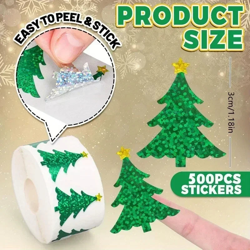 500Pcs Laser Christmas Tree Stickers – Waterproof Sealing Labels