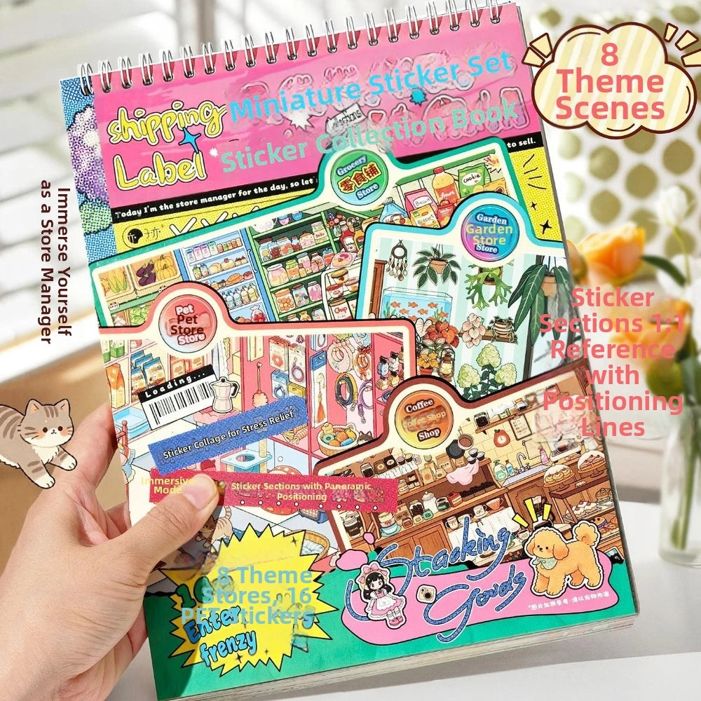 Miniature Shop Scene Sticker Book – 8 Scenes & 24 Sheets DIY Craft Sticker Book Nixie