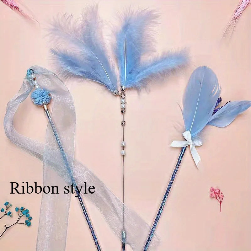 Cat Feather Stick Toy with Bell – Interactive Wand for Cats Cat Wand Toy Nixie Blue-1PCS