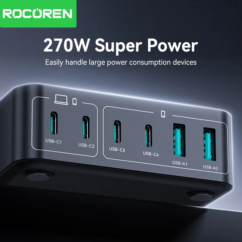 Rocoren 200W GaN Charger 6-Port USB-C PD Fast Charging Station GaN Charging Station Nixie