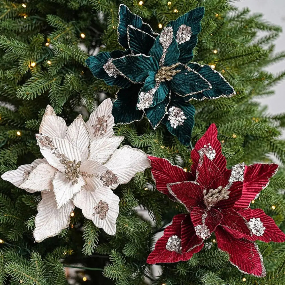 25cm Christmas Glitter Flower – Red & Gold Fake Bloom Decoration