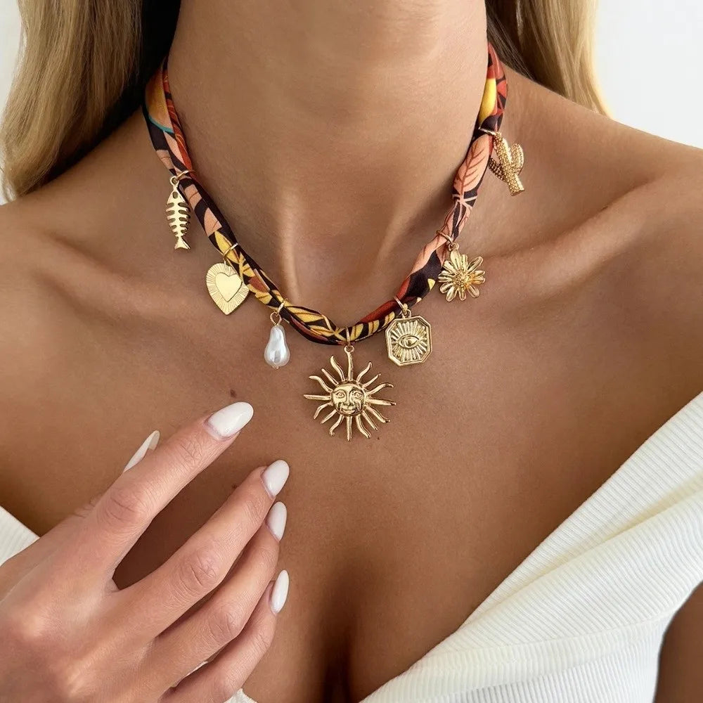 Bohemian Scarf Necklace – Flower, Starfish & Shell Pendant Scarf Pendant Necklace Nixie