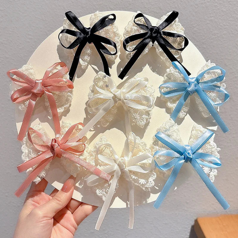 2Pcs Lace Bow Hairpins – Red Ribbon & White Floral Hair Clips Bow Hair Clips Nixie