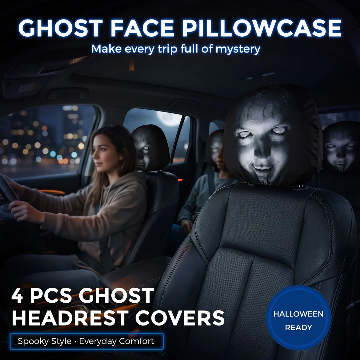 Ghost Face Car Headrest Covers | 4-Piece Elastic Fit Set