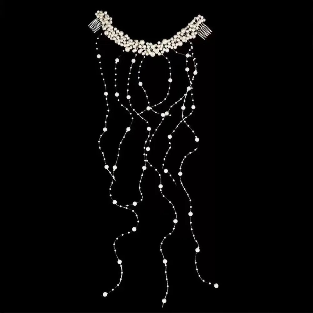 Elegant Bridal Pearl Hair Comb with Tassel & Bead Accents Bridal Hair Comb Nixie White