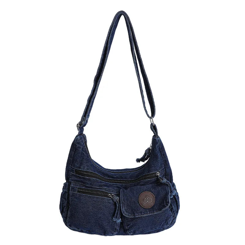 Japanese Washed Denim Multi-Pocket Women's Shoulder Bag Denim Shoulder Bag Nixie Dark Blue