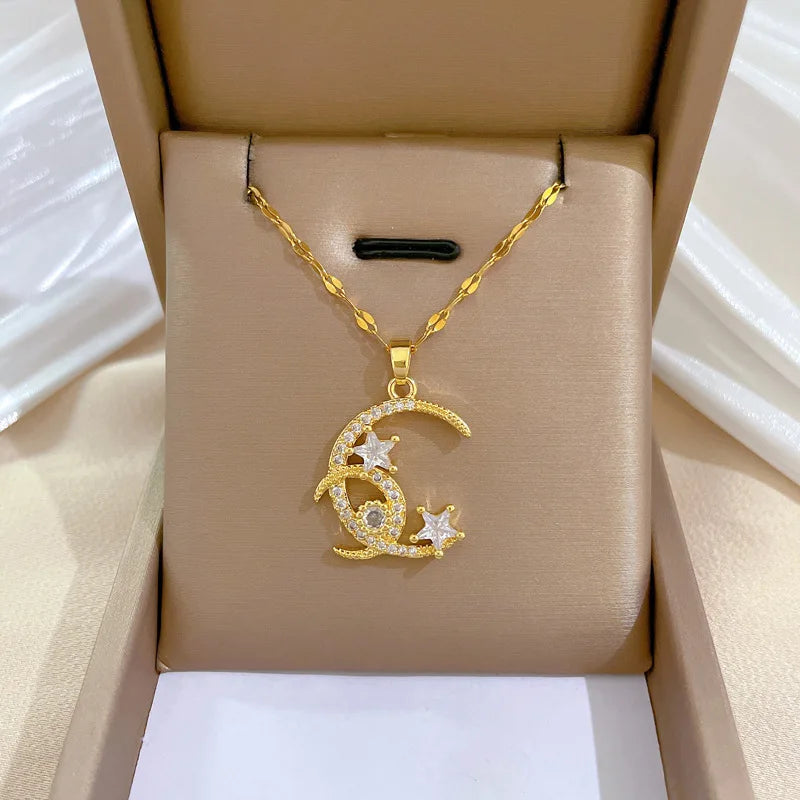 Star Moon Pendant Necklace | Gold Stainless Steel Choker Women Pendant Necklace Nixie