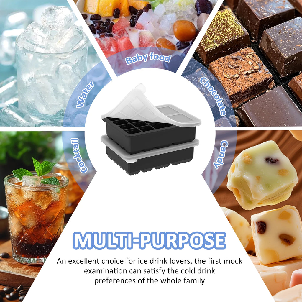 13-Grid Silicone Ice Cube Tray 2-Pack with Lid – Multi-Size Silicone Ice Cube Tray Nixie