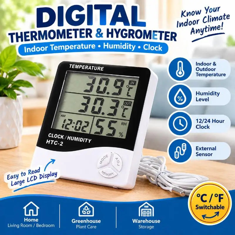 eelhoe LCD Digital Hygrometer Thermometer with Probe & Clock Digital Hygrometer Thermometer Nixie Default Title