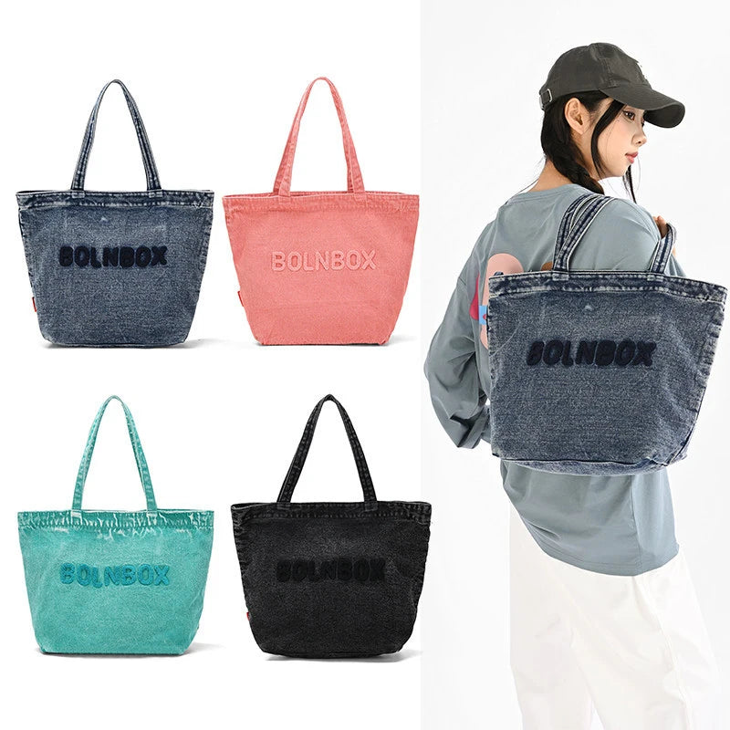 Korean Retro Embroidered Washed Denim Shoulder Bag | Large Tote