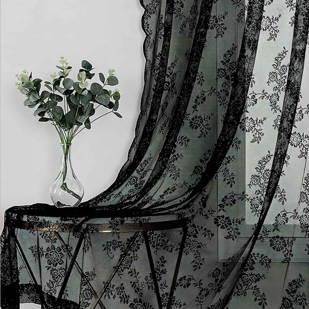 Black Floral Lace Sheer Curtain Panel – Rod Pocket Window Drape Sheer Curtain Panel Nixie