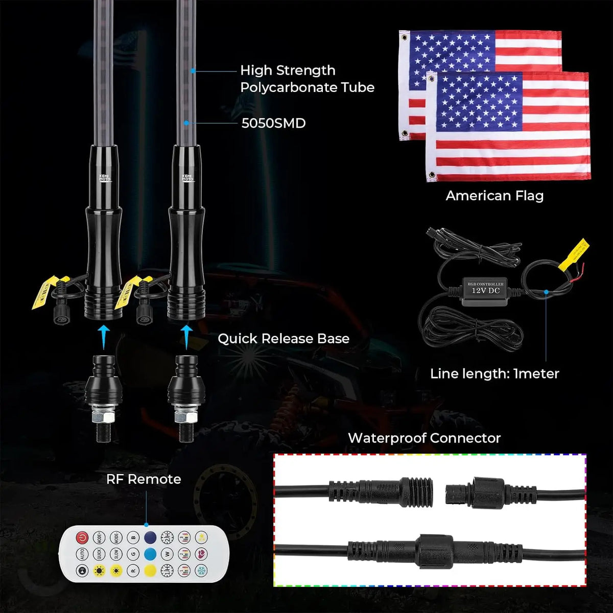 KEMIMOTO 2ft LED Whip Lights RF Remote IP67 UTV ATV RZR LED Whip Lights Nixie