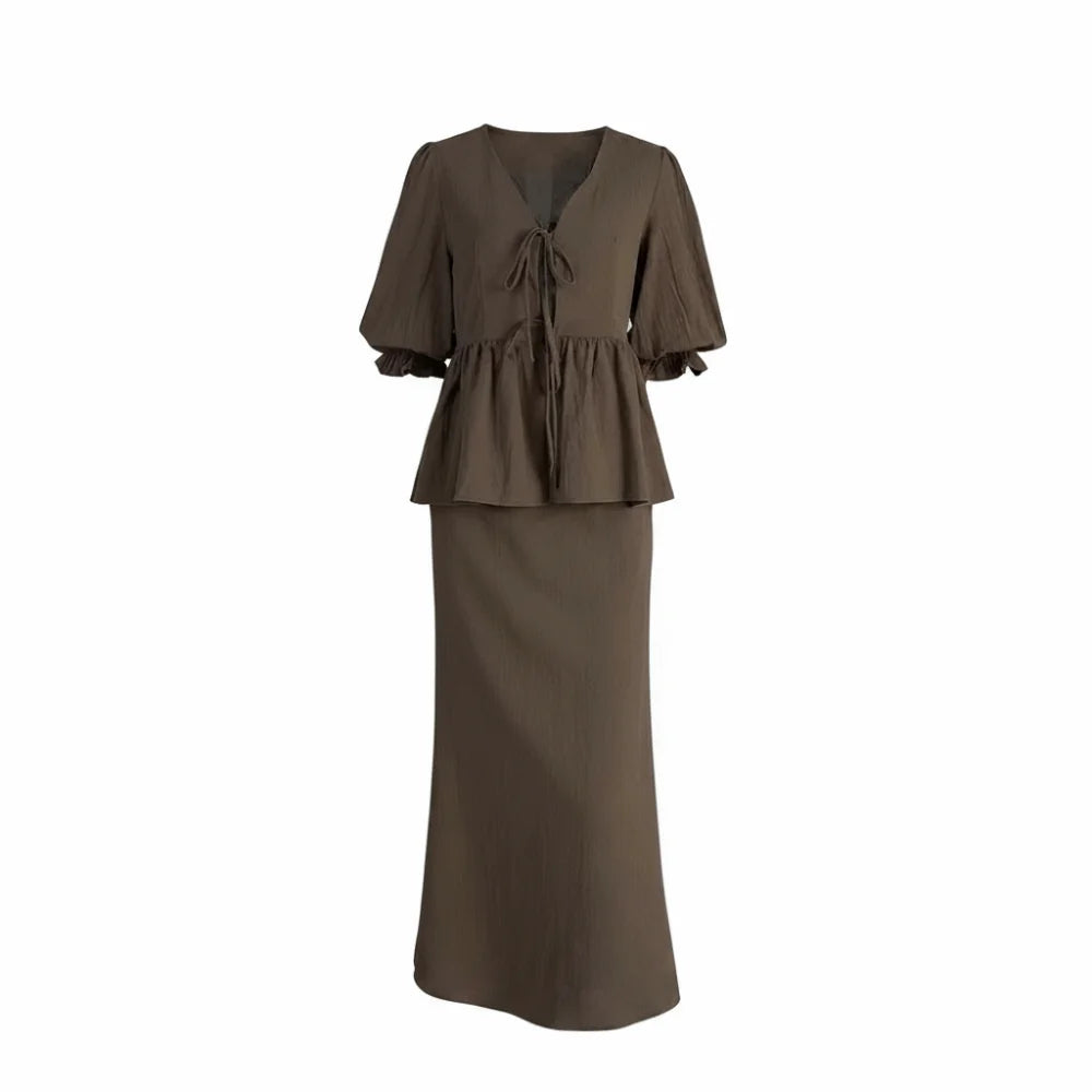 Women's Cotton V-Neck Bubble Sleeve Two-Piece Dress Set Two-Piece Dress Set Nixie