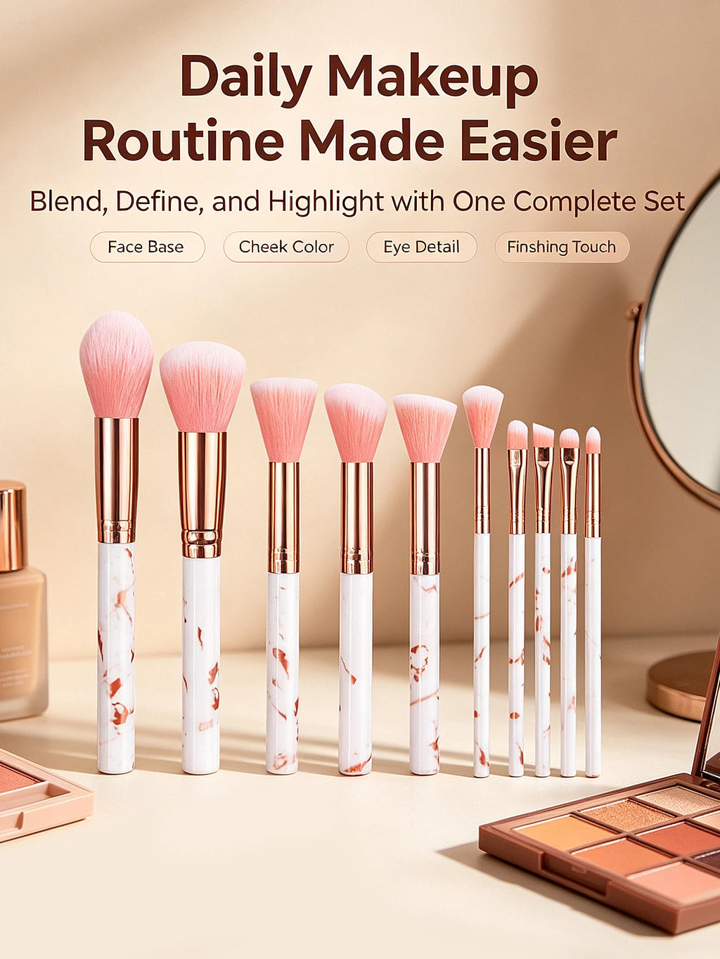 12-Piece Marble Makeup Brush Set with Rhinestone Puffs | Nixie Makeup Brush Set Nixie
