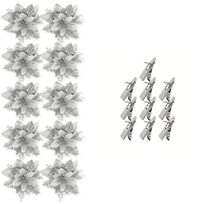 Artificial Red Gold Glitter Poinsettia Flowers – 10 Pcs Xmas Artificial Holiday Flowers Nixie A2