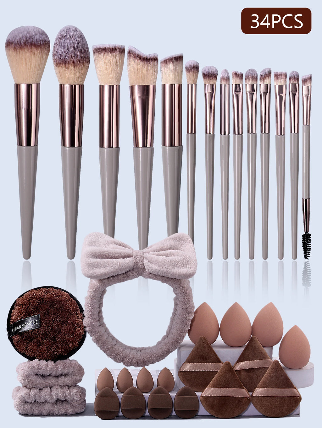 34-Piece Makeup Brush Set with Beauty Egg & Powder Puffs Makeup Brush Set Nixie GRAY