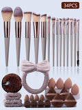 34-Piece Makeup Brush Set with Beauty Egg & Powder Puffs Makeup Brush Set Nixie GRAY