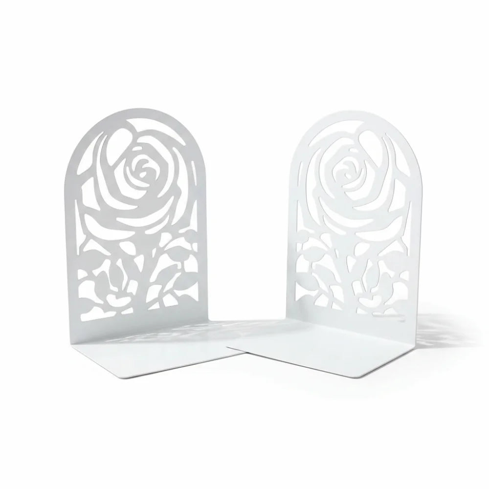 2Pcs Metal Rose Hollow Bookends – Decorative White Book Ends Decorative Bookends Nixie