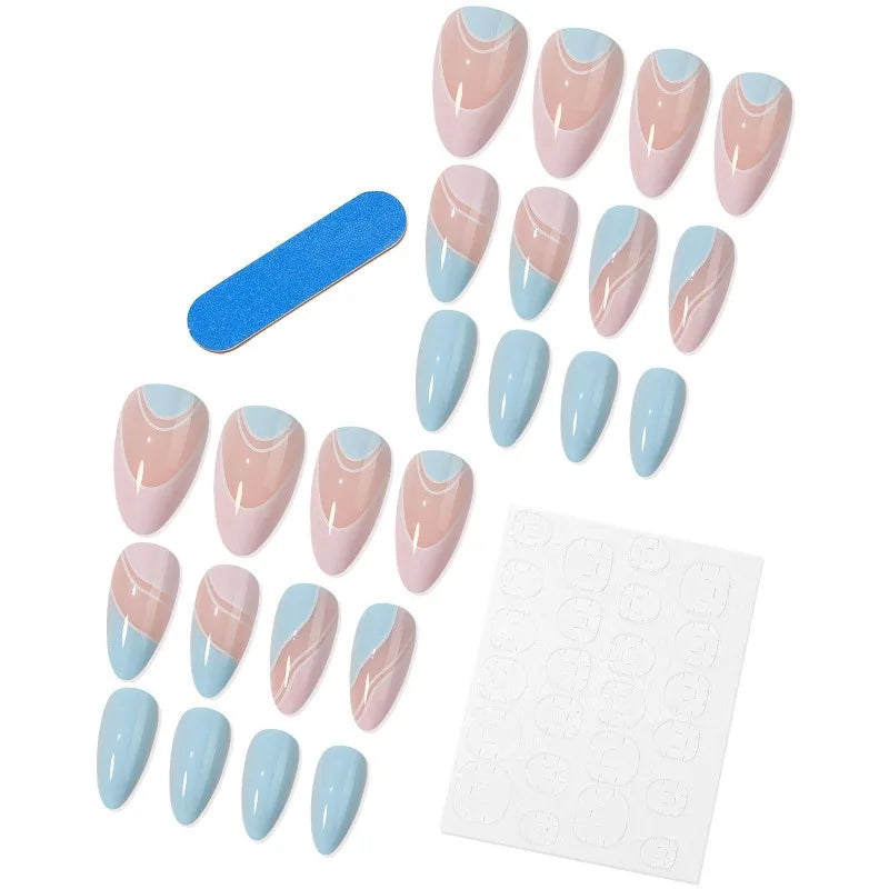 Blue Wave French Press-On Nails Rhinestone Crystal L Size Press-On Nails Nixie